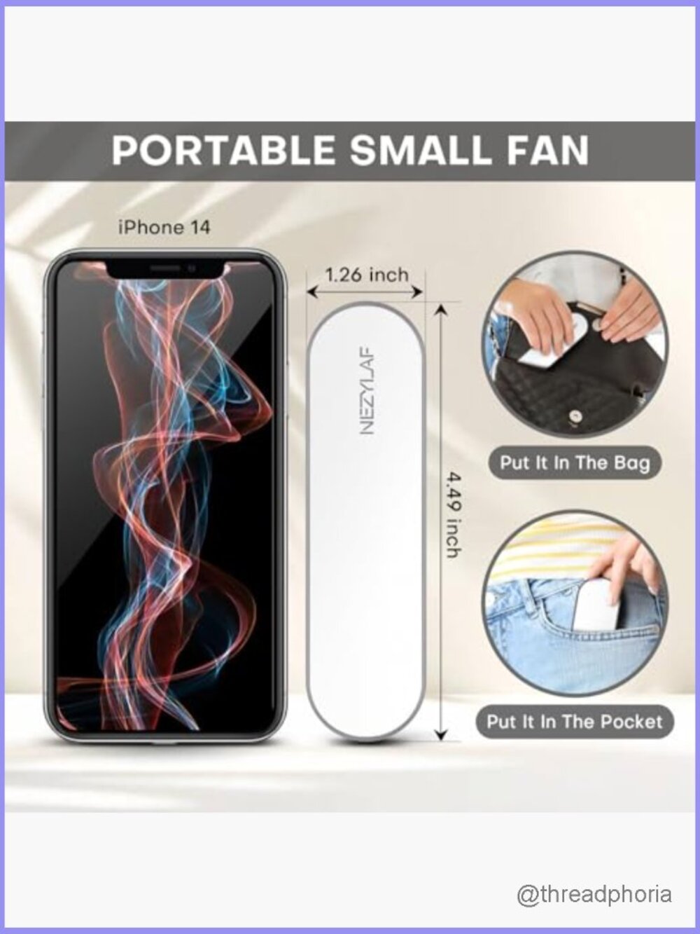 Portable Mini Handheld Fan, Rechargeable Personal Fan Travel, 9-15 Hrs Runtime, - Picture 4 of 7